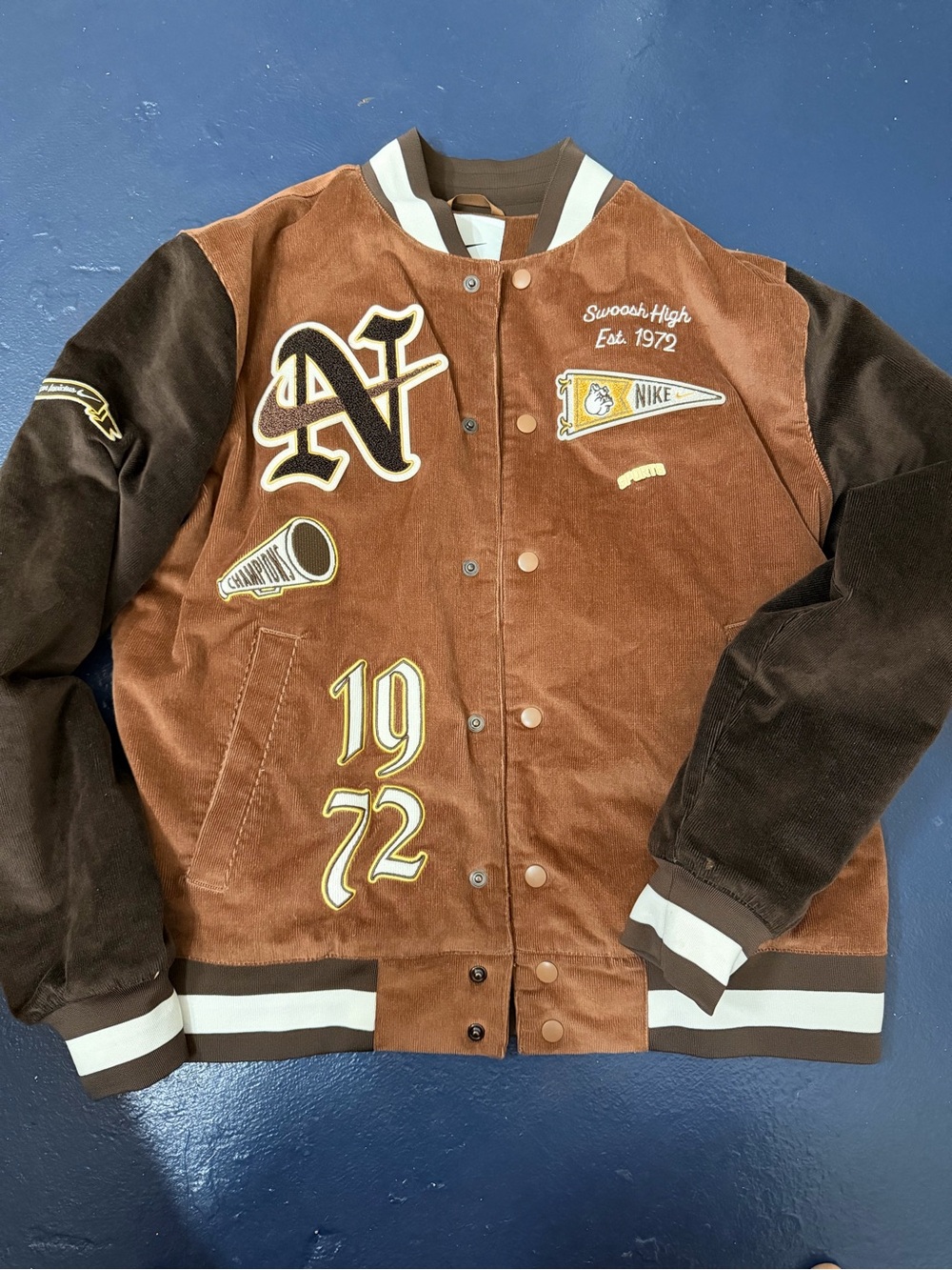 Nike Brown and Dark Brown Varsity Bomber Jacket with Gold Patches